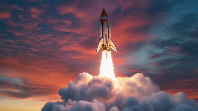Rocket launching into sunset sky conceptual illustration of space exploration and future technology