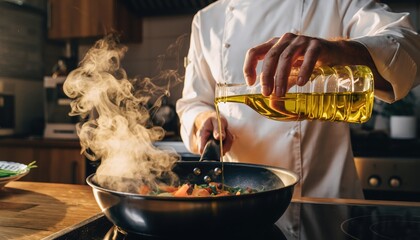 Chef cooking food in a steaming pan with palm oil