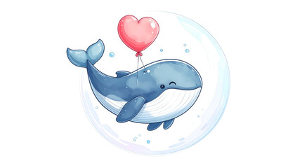 A charming blue whale floats within a bubbly circle, holding a pink heart balloon