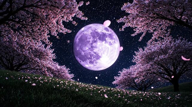 A dreamlike digital illustration captures a mystical lavender glow from a giant purple full moon shining brightly amidst falling petals, framed by blooming cherry trees against a starry night sky.