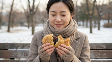 Korean Woman Enjoying Bungeoppang In Winter Park
