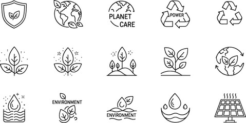 Eco-friendly icon set featuring plants, earth, recycling symbols, and solar power for environmental awareness