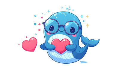 Animated blue whale wearing glasses, holding a heart, with bubbles and sparks