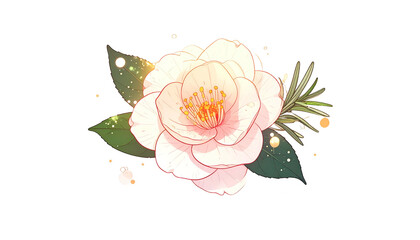 Watercolor-style illustration of a large white flower with green leaves & sprig against black