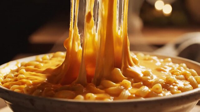 A close-up view of a creamy bowl of macaroni and cheese being served with a spoon, set against a softly lit background that enhances the cozy dining atmosphere
