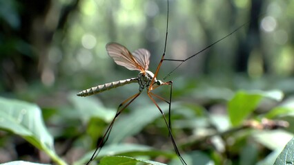 Fototapeta premium Detailed close-up of a crane fly on a green leaf in a blurred forest background.