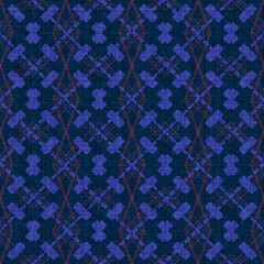 Dark Seamless Geometric Spindle Pattern: Indigo Blue and Violet Diamond Lattice with Woven Texture on a Deep Midnight Background.