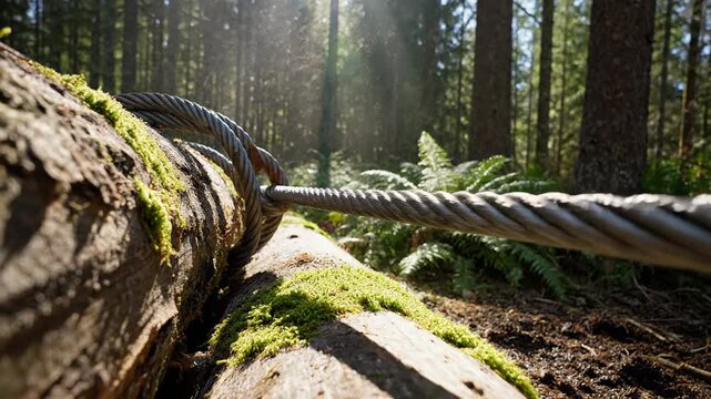 Heavy winch cable tightly wrapped around a moss-covered log in a sun-dappled forest