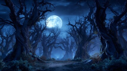 Dramatic moonlit silhouette of twisted ancient trees in a dark, spooky forest at night