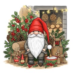 Christmas Gnome Festive Holiday Scene with Decorations.