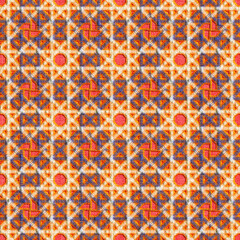Seamless Embroidered Geometric Pattern: Intricate Cross-Hatch Design with Orange, Navy Blue, and Cream Colors on a Rough Woven Texture.