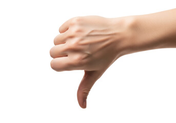 Adult human hand performing a firm thumbs-down gesture, extreme close-up, hyper-detailed studio photograph, isolated on transparent background with copy space. concept of denial and negative feedback