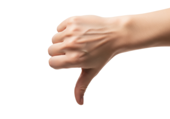 Adult human hand performing a firm thumbs-down gesture, extreme close-up, hyper-detailed studio photograph, isolated on transparent background with copy space. concept of denial and negative feedback