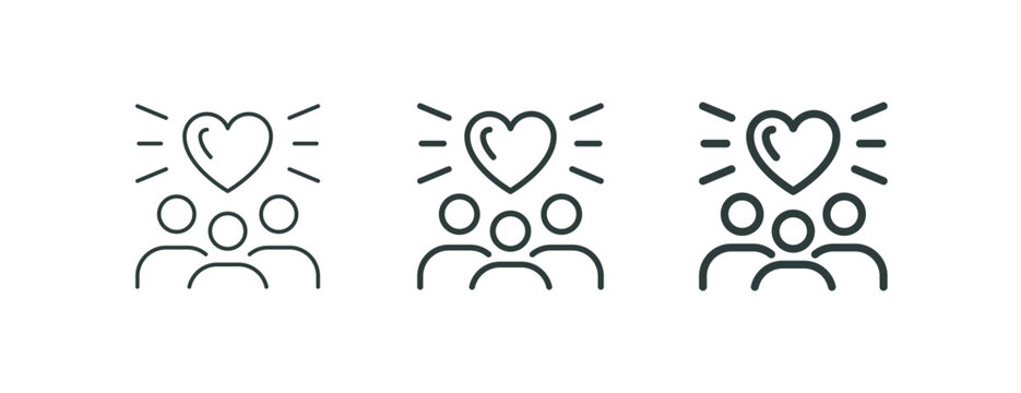 Charity and support, community love care thin outline icon. Minimalist line sign people group with heart symbol. Vector isolated pictogram perfect for web app infographic business and social projects.