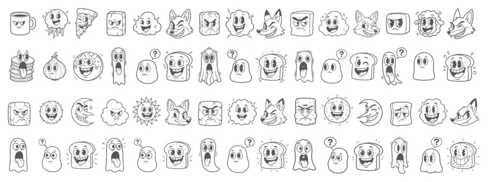 Cartoon Character Expression Set. Collection of Funny Comic Face Emoticons