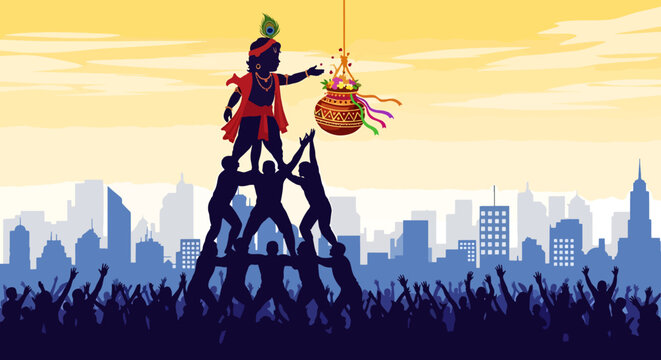 Dahi Handi Celebration Krishna Human Pyramid Reaching Pot of Curd with Festive Crowd and City Skyline Background