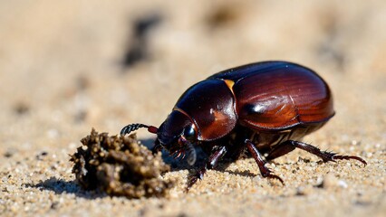 A shiny dark brown beetle explores a small clump of organic matter on sand