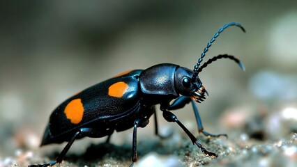 Fototapeta premium Close-up of a black beetle with vivid orange spots standing on grainy soil