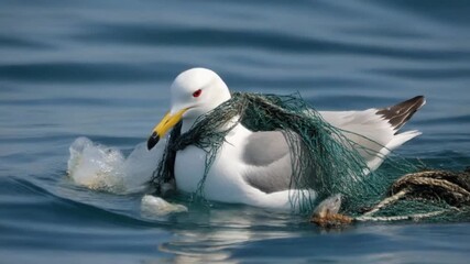 Seagull trapped in fishing net on the water environmental damage marine life in distress ecological issues