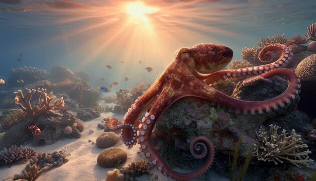 Underwater scene octopus sunlight coral reefs marine life