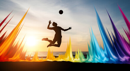 Energetic silhouette of a volleyball player leaping, framed by a vivid spectrum of light