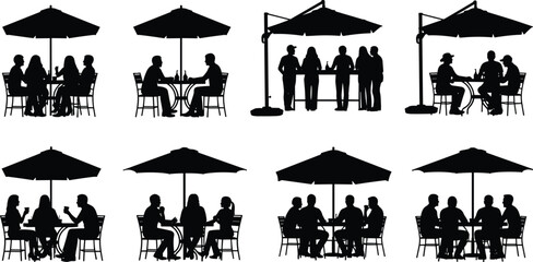 Collection of silhouettes featuring people sitting at tables under umbrellas dining and drinking in outdoor cafe restaurant or patio settings © Hello World
