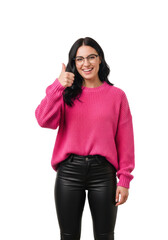 Young caucasian woman in a pink sweater and matte black leather pants, wearing glasses, smiling and giving a firm thumbs-up on a transparent, shadowless studio background. Concept for professional