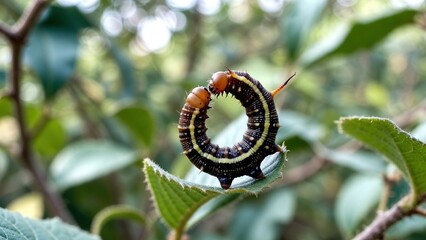 Vibrant patterned caterpillar curled on a textured green leaf in nature