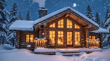 Cozy log cabin illuminated warmly during a snowy night, surrounded by tall pine trees, with snowflakes gently falling, creating a serene winter atmosphere perfect for holiday retreats