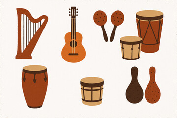Paraguayan music instrument vector icons rugged flat style