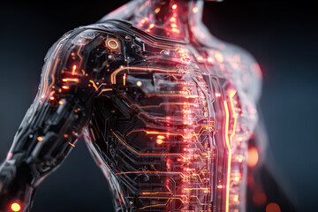 A close up view of a cybernetic human figure showcasing intricate circuitry and glowing elements, blending technology with human form.