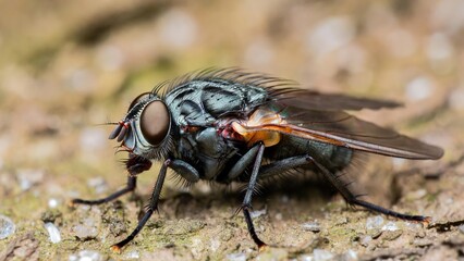 Fototapeta premium Intricate macro shot of a common fly on textured ground with a soft focus natural…
