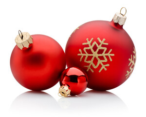 Three Christmas red baubles isolated on white background