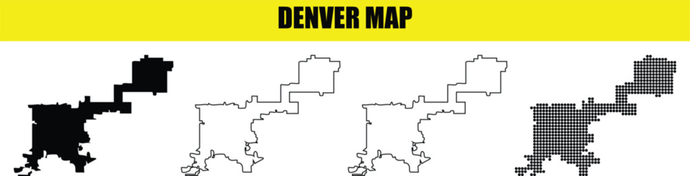 Denver city map silhouette collection including solid black white fill outline and dotted circle pattern vector shapes