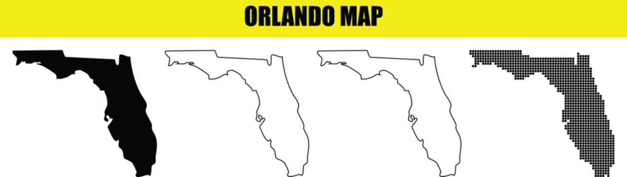 Orlando Florida city map silhouettes displayed in multiple graphic formats like solid fill outline and dotted pattern
