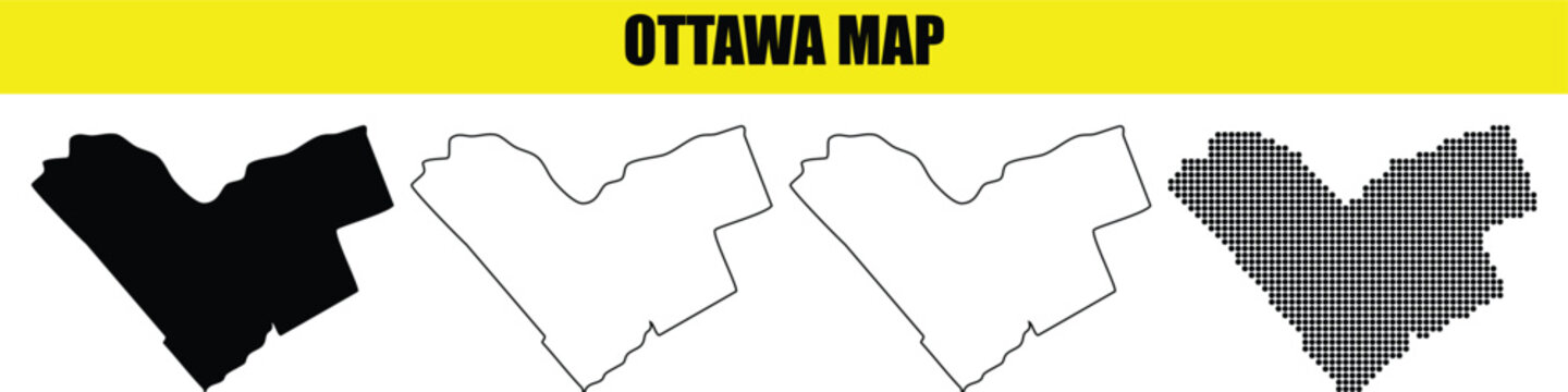 Ottawa map black silhouette outline and dotted styles vector set isolated on transparent background
