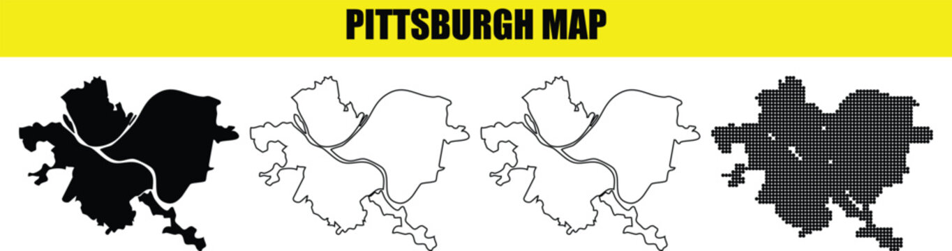 Pittsburgh map black silhouette outline and dotted styles vector set isolated on transparent background