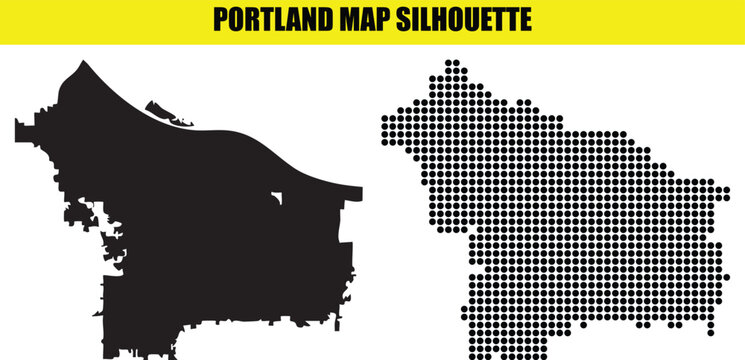 Portland map silhouette bundle featuring solid black vector shape and contemporary halftone circle pattern background