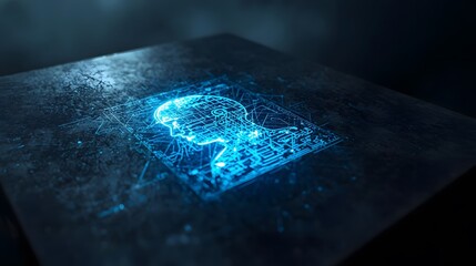 Glowing blue digital human head on dark background with grid