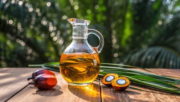 Golden Palm Oil and Ripe Fruits on Wooden Table - Powered by Adobe