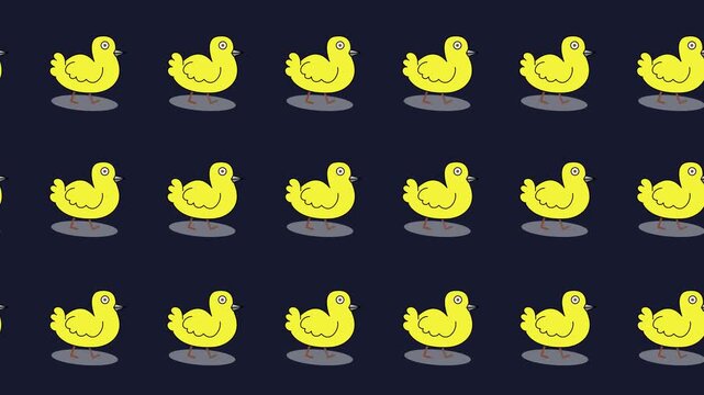 Seamless pattern of yellow ducks cartoon animal in a tile background animation. Repeating wallpaper with a cute animal and mascot character backdrop motion graphic.