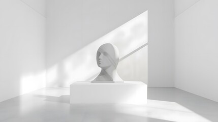 Monochromatic bust sculpture in minimalist room with natural light