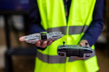 Worker holding a compact drone and remote controller in an industrial warehouse. Ideal for uses like inventory inspection, safety monitoring, training logistics management, aerial data capture.