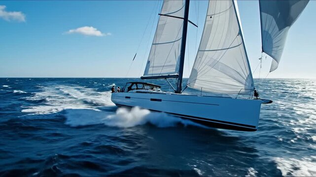 Modern white sailing yacht cutting through deep blue ocean waves under a clear sky