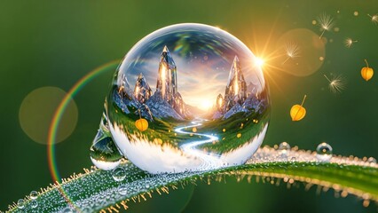 Water drop with landscape reflection