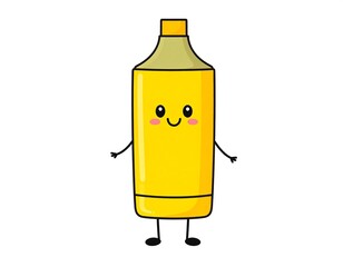 A cute, yellow cartoon highlighter with arms, legs, and a smiling face. It has a cap and a dark outline
