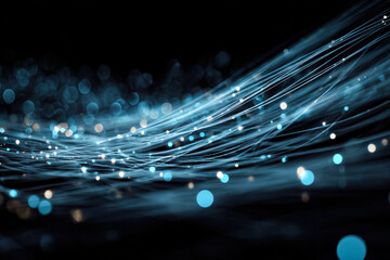 This image showcases an abstract representation of a 5G digital network, featuring illuminated lines and glowing particles against a dark background.