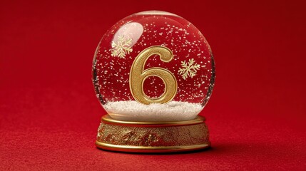 A festive snow globe with a golden number six inside, surrounded by snowflakes, resting on a decorative base against a vibrant red backdrop