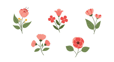Set of five simple and elegant illustrations of different pink and red flowers with green leaves on a white background.