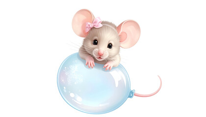 Adorable mouse with pink bow peeking over a blue bubble against a black void